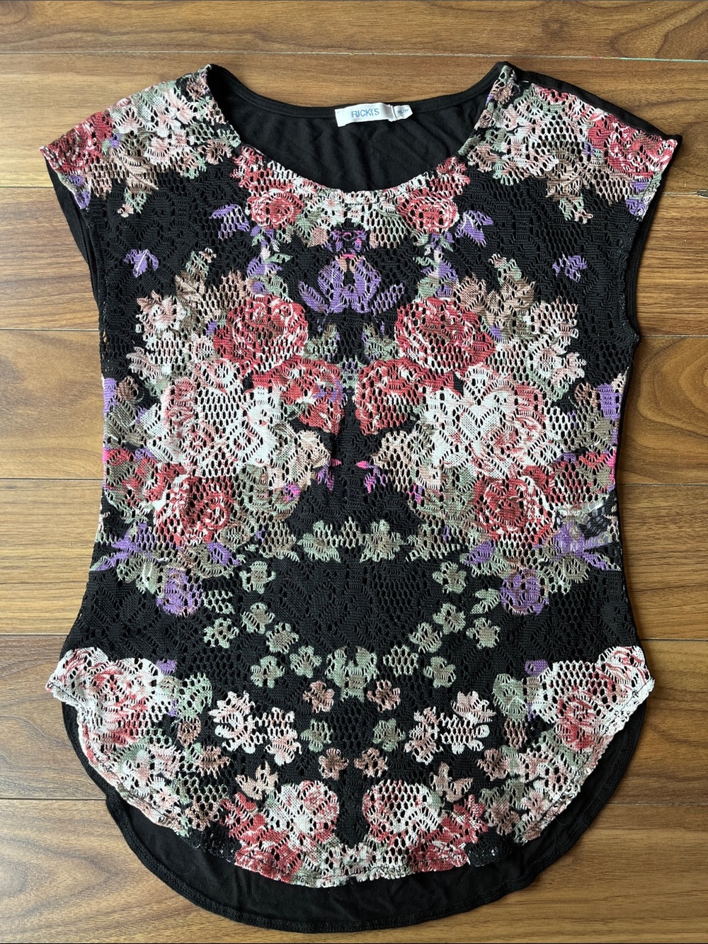 Ricki's Black Short Sleeve Lace Top with Red Pink Purple Floral See Through XS